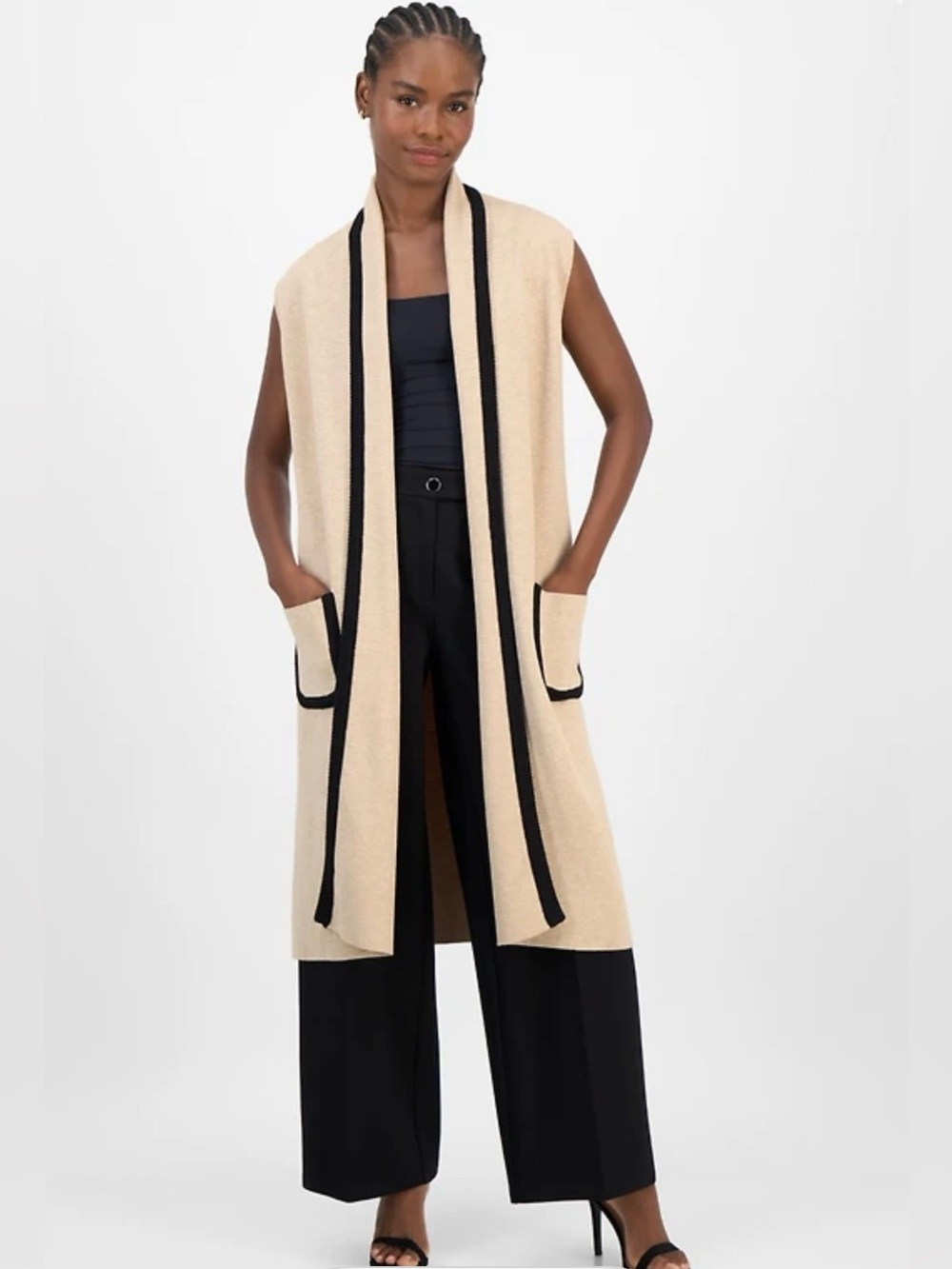 Tahari NWT Long Sweater Vest XL Beige Black Trim Open Front Knit Duster Pockets